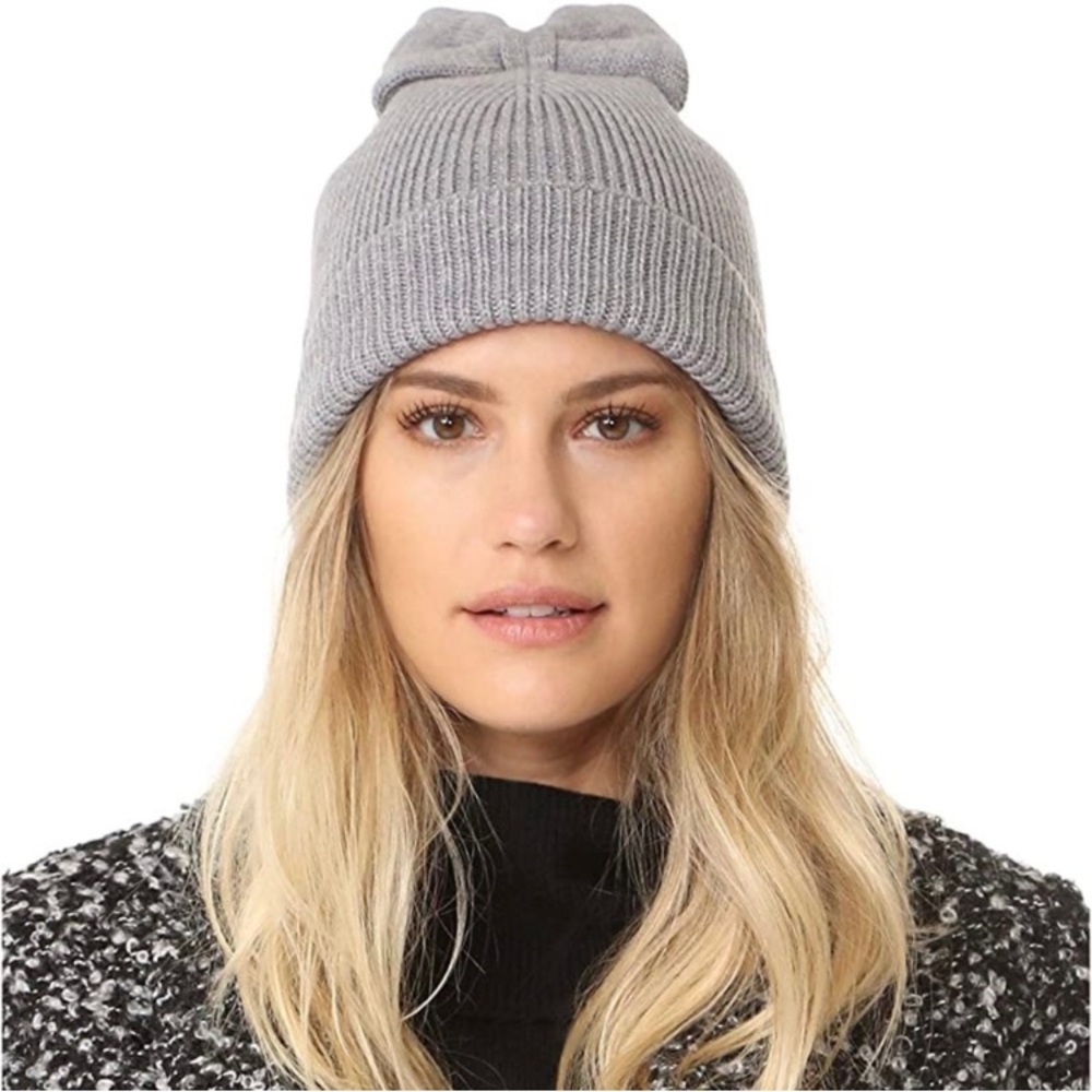 Kate Spade Bow Beanie Rib Knit Hat Gray One Size NEW